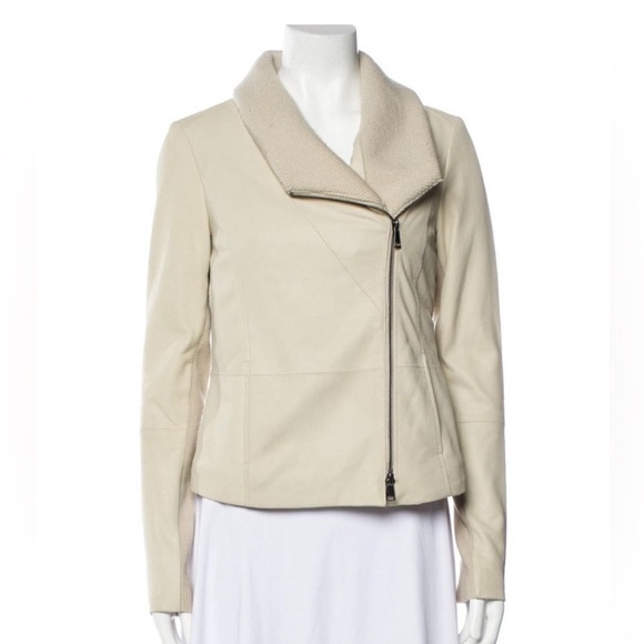 Vince 100% Goat Leather Ribbed Collar Asymmetrical Moto Biker Jacket - Picture 1 of 16